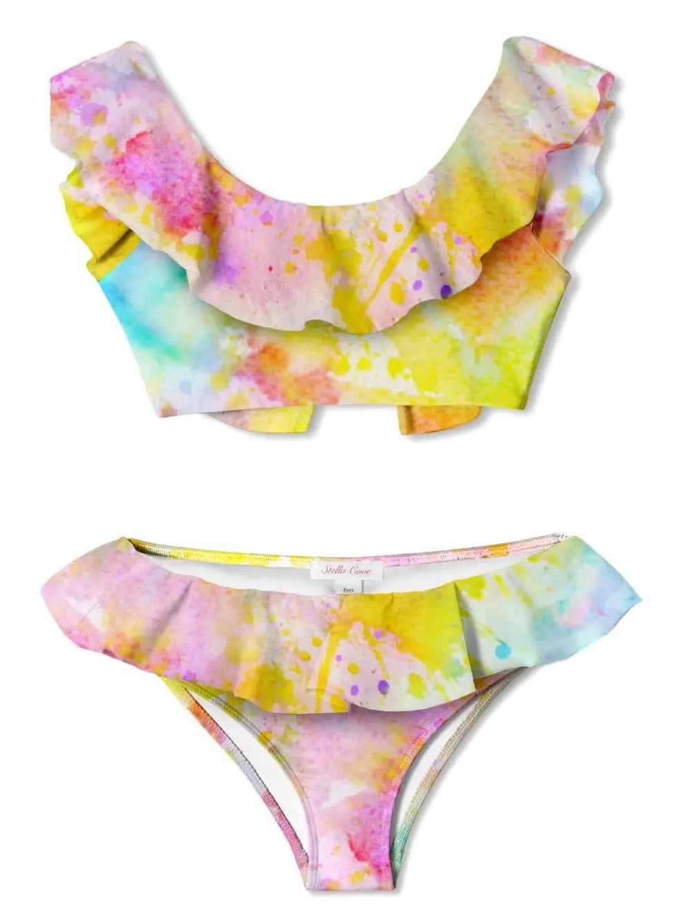 Stella Cove Pastel Watercolor Ruffle Bikini — Pink Yellow Blue Green